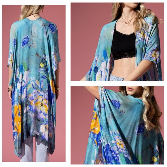Colorful Floral Print Lightweight Kimono - Watercolor Effect Background - Picture 1 of 8